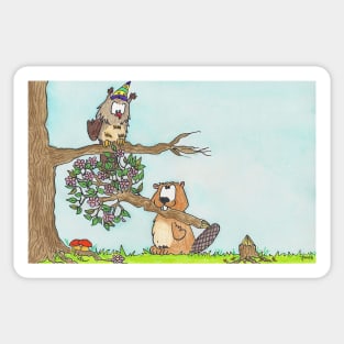 Owl and Beaver Happy Birthday Sticker